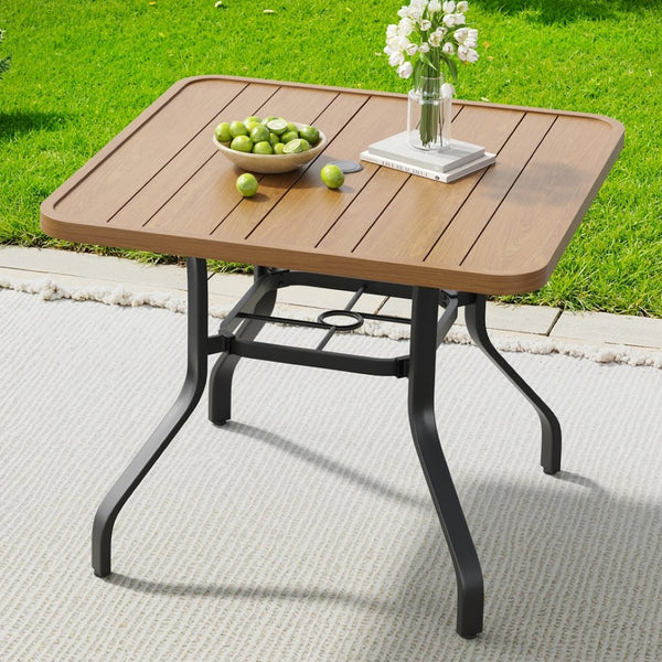 English Elm Outdoor Square Patio Dining Table Powder Coated Metal Frame Wood Grain Slat Top T3623P505096