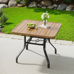 English Elm Outdoor Square Patio Dining Table Powder Coated Metal Frame Wood Grain Slat Top T3623P505096
