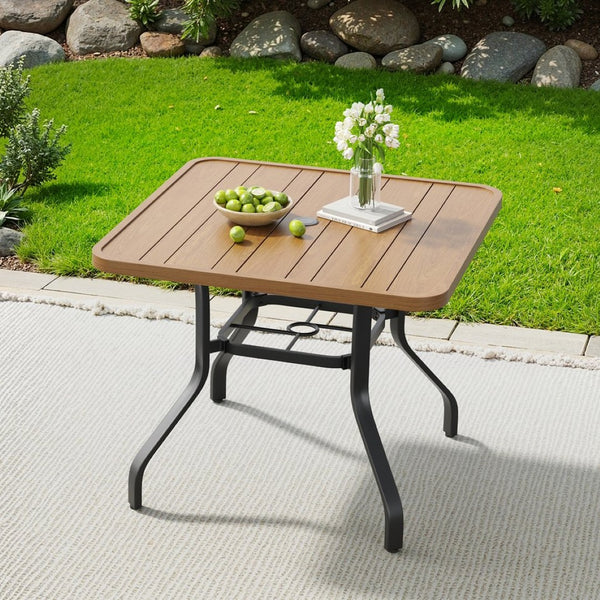 English Elm Outdoor Square Patio Dining Table Powder Coated Metal Frame Wood Grain Slat Top T3623P505096
