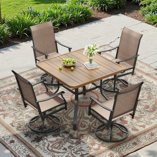 English Elm Outdoor Square Patio Dining Table Powder Coated Metal Frame Wood Grain Slat Top T3623P505096