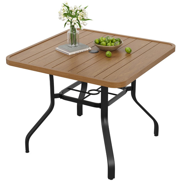 English Elm Outdoor Square Patio Dining Table Powder Coated Metal Frame Wood Grain Slat Top T3623P505096