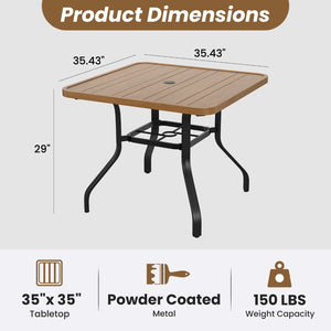 English Elm Outdoor Square Patio Dining Table Powder Coated Metal Frame Wood Grain Slat Top T3623P505096