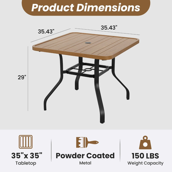 English Elm Outdoor Square Patio Dining Table Powder Coated Metal Frame Wood Grain Slat Top T3623P505096