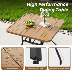 English Elm Outdoor Square Patio Dining Table Powder Coated Metal Frame Wood Grain Slat Top T3623P505096