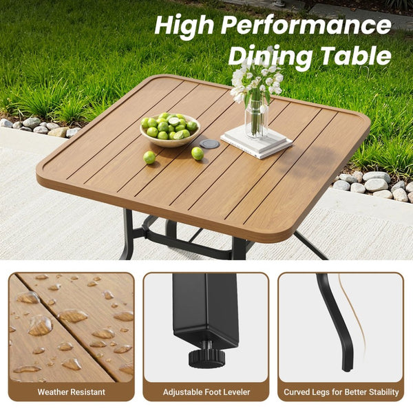 English Elm Outdoor Square Patio Dining Table Powder Coated Metal Frame Wood Grain Slat Top T3623P505096