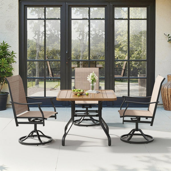 English Elm Outdoor Square Patio Dining Table Powder Coated Metal Frame Wood Grain Slat Top T3623P505096