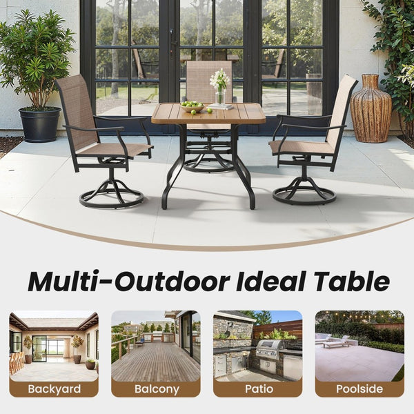 English Elm Outdoor Square Patio Dining Table Powder Coated Metal Frame Wood Grain Slat Top T3623P505096
