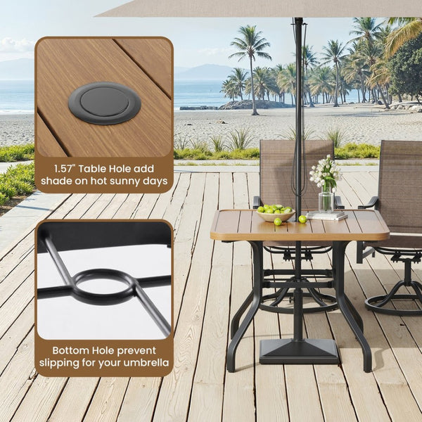 English Elm Outdoor Square Patio Dining Table Powder Coated Metal Frame Wood Grain Slat Top T3623P505096