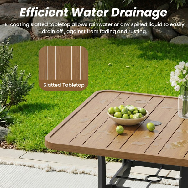 English Elm Outdoor Square Patio Dining Table Powder Coated Metal Frame Wood Grain Slat Top T3623P505096