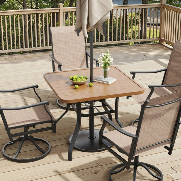 English Elm Outdoor Square Patio Dining Table Powder Coated Metal Frame Wood Grain Slat Top T3623P505096