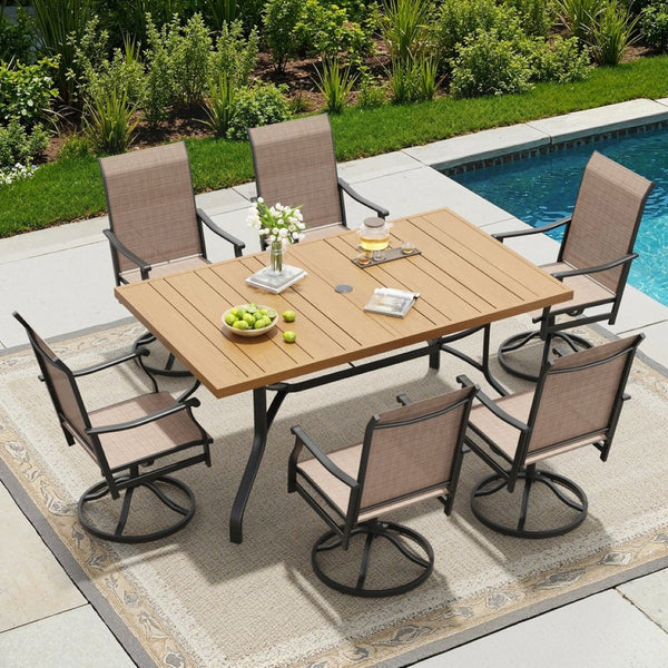 English Elm Outdoor Wood Grain Patio Dining Table Seats Six with Umbrella Hole Rust Proof Frame T3623P505099