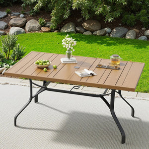 English Elm Outdoor Wood Grain Patio Dining Table Seats Six with Umbrella Hole Rust Proof Frame T3623P505099