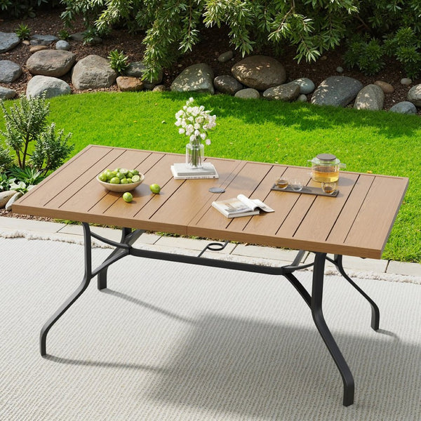 English Elm Outdoor Wood Grain Patio Dining Table Seats Six with Umbrella Hole Rust Proof Frame T3623P505099