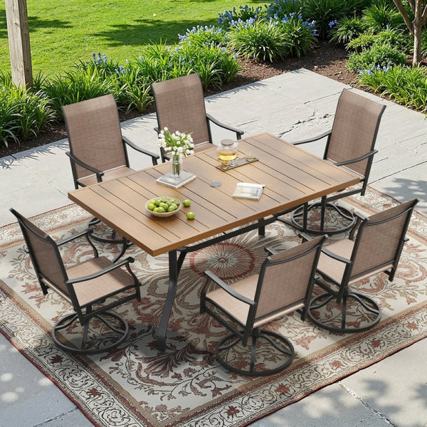 English Elm Outdoor Wood Grain Patio Dining Table Seats Six with Umbrella Hole Rust Proof Frame T3623P505099