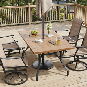 English Elm Outdoor Wood Grain Patio Dining Table Seats Six with Umbrella Hole Rust Proof Frame T3623P505099