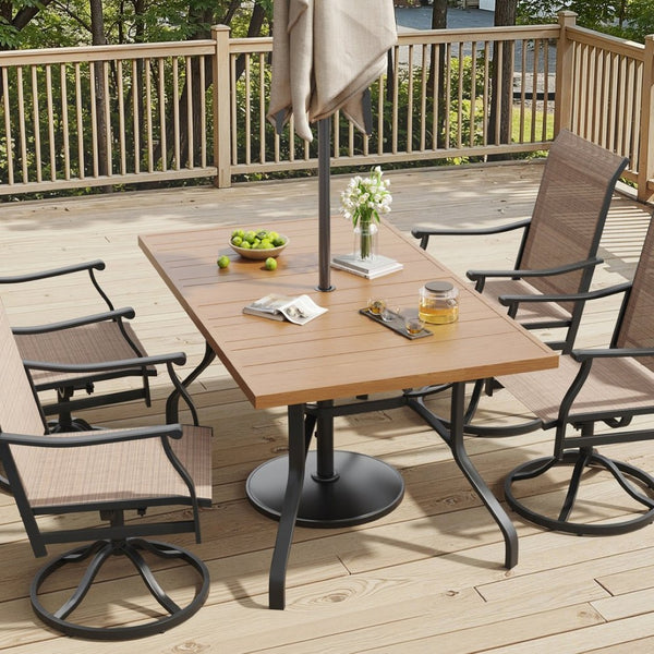 English Elm Outdoor Wood Grain Patio Dining Table Seats Six with Umbrella Hole Rust Proof Frame T3623P505099
