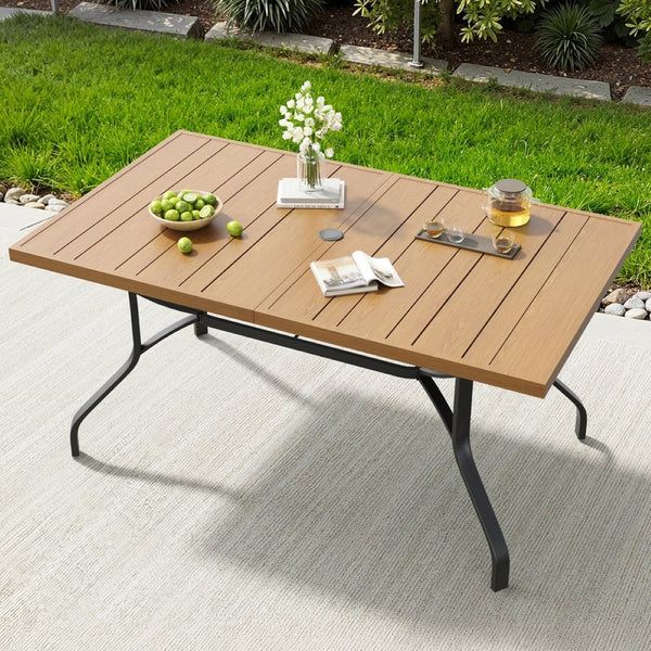 English Elm Outdoor Wood Grain Patio Dining Table Seats Six with Umbrella Hole Rust Proof Frame T3623P505099