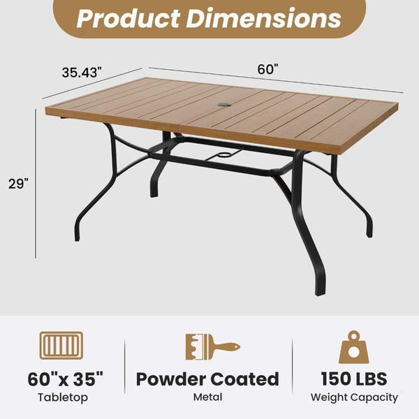 English Elm Outdoor Wood Grain Patio Dining Table Seats Six with Umbrella Hole Rust Proof Frame T3623P505099