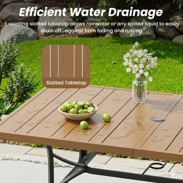 English Elm Outdoor Wood Grain Patio Dining Table Seats Six with Umbrella Hole Rust Proof Frame T3623P505099