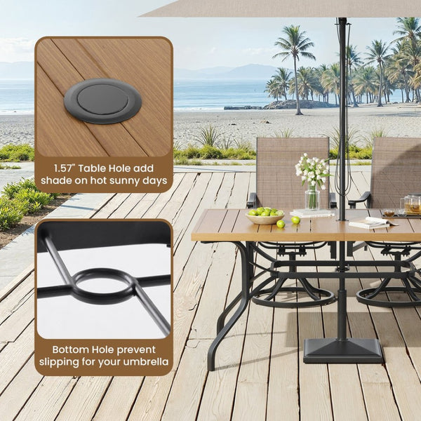English Elm Outdoor Wood Grain Patio Dining Table Seats Six with Umbrella Hole Rust Proof Frame T3623P505099