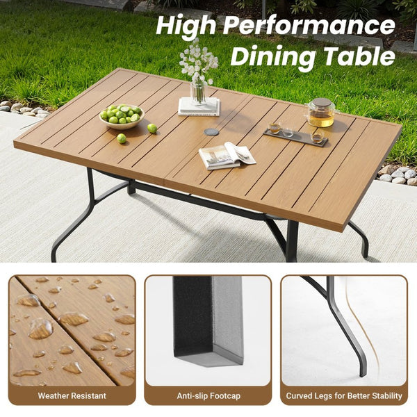 English Elm Outdoor Wood Grain Patio Dining Table Seats Six with Umbrella Hole Rust Proof Frame T3623P505099