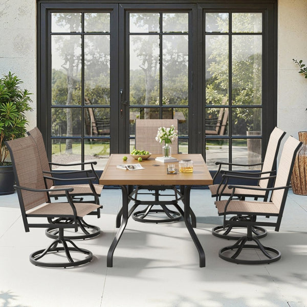 English Elm Outdoor Wood Grain Patio Dining Table Seats Six with Umbrella Hole Rust Proof Frame T3623P505099