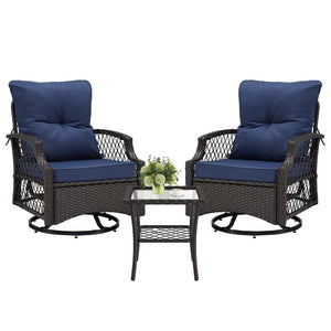 English Elm 3-piece Outdoor Wicker Bistro Set with Swivel Glider Chairs and Shelved Side Table Navy Blue T3623P505188