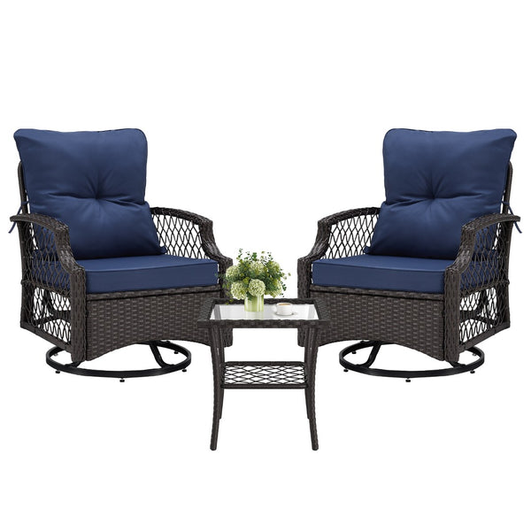English Elm 3-piece Outdoor Wicker Bistro Set with Swivel Glider Chairs and Shelved Side Table Navy Blue T3623P505188