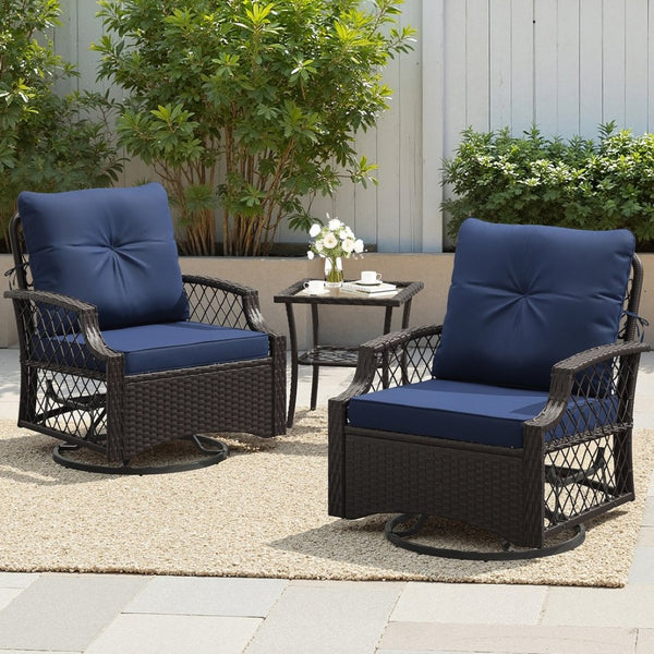 English Elm 3-piece Outdoor Wicker Bistro Set with Swivel Glider Chairs and Shelved Side Table Navy Blue T3623P505188