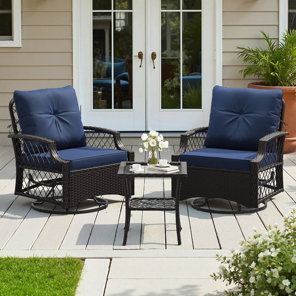 English Elm 3-piece Outdoor Wicker Bistro Set with Swivel Glider Chairs and Shelved Side Table Navy Blue T3623P505188