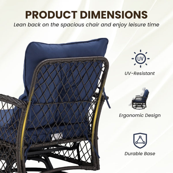 English Elm 3-piece Outdoor Wicker Bistro Set with Swivel Glider Chairs and Shelved Side Table Navy Blue T3623P505188