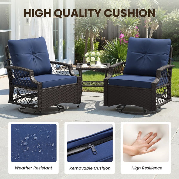 English Elm 3-piece Outdoor Wicker Bistro Set with Swivel Glider Chairs and Shelved Side Table Navy Blue T3623P505188