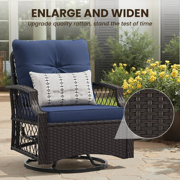 English Elm 3-piece Outdoor Wicker Bistro Set with Swivel Glider Chairs and Shelved Side Table Navy Blue T3623P505188