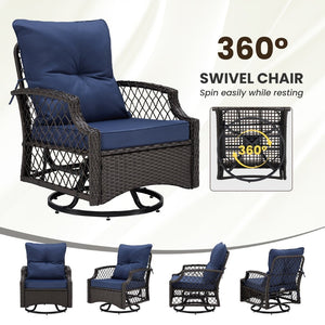 English Elm 3-piece Outdoor Wicker Bistro Set with Swivel Glider Chairs and Shelved Side Table Navy Blue T3623P505188