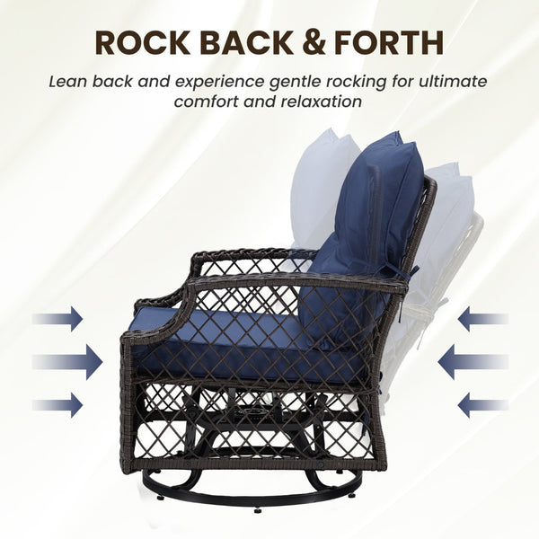 English Elm 3-piece Outdoor Wicker Bistro Set with Swivel Glider Chairs and Shelved Side Table Navy Blue T3623P505188