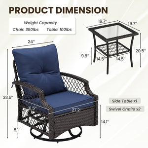 English Elm 3-piece Outdoor Wicker Bistro Set with Swivel Glider Chairs and Shelved Side Table Navy Blue T3623P505188