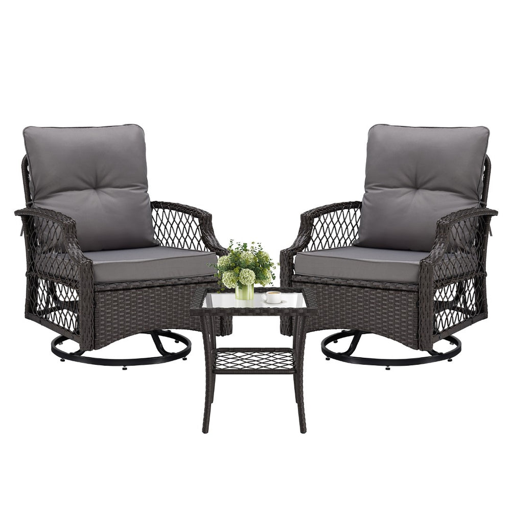 English Elm 3-piece Outdoor Wicker Bistro Set with Swivel Glider Chairs and Shelved Side Table Grey T3623P505190
