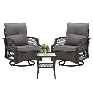 English Elm 3-piece Outdoor Wicker Bistro Set with Swivel Glider Chairs and Shelved Side Table Grey T3623P505190