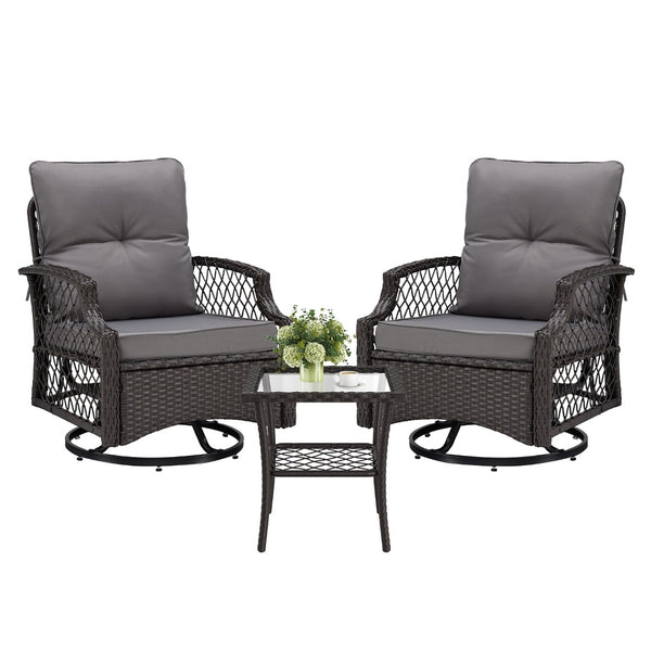 English Elm 3-piece Outdoor Wicker Bistro Set with Swivel Glider Chairs and Shelved Side Table Grey T3623P505190