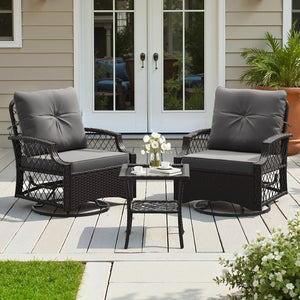 English Elm 3-piece Outdoor Wicker Bistro Set with Swivel Glider Chairs and Shelved Side Table Grey T3623P505190