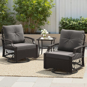 English Elm 3-piece Outdoor Wicker Bistro Set with Swivel Glider Chairs and Shelved Side Table Grey T3623P505190