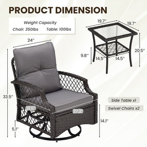 English Elm 3-piece Outdoor Wicker Bistro Set with Swivel Glider Chairs and Shelved Side Table Grey T3623P505190