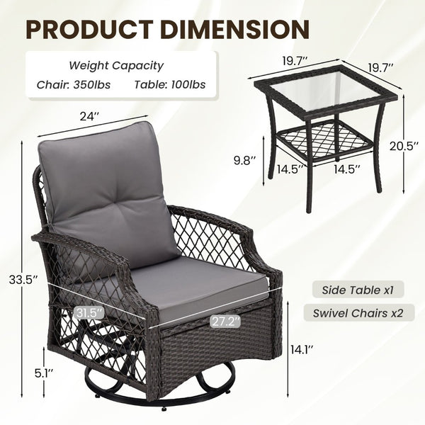 English Elm 3-piece Outdoor Wicker Bistro Set with Swivel Glider Chairs and Shelved Side Table Grey T3623P505190
