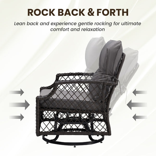 English Elm 3-piece Outdoor Wicker Bistro Set with Swivel Glider Chairs and Shelved Side Table Grey T3623P505190