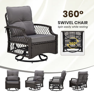 English Elm 3-piece Outdoor Wicker Bistro Set with Swivel Glider Chairs and Shelved Side Table Grey T3623P505190