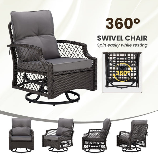 English Elm 3-piece Outdoor Wicker Bistro Set with Swivel Glider Chairs and Shelved Side Table Grey T3623P505190