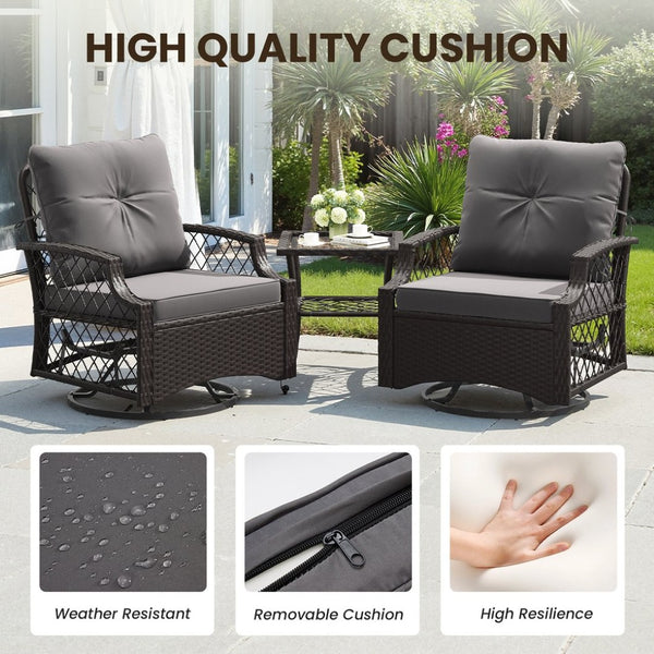 English Elm 3-piece Outdoor Wicker Bistro Set with Swivel Glider Chairs and Shelved Side Table Grey T3623P505190