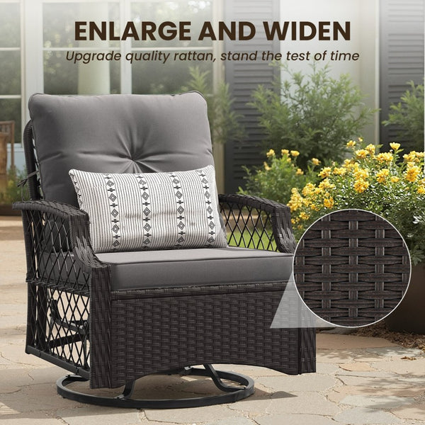 English Elm 3-piece Outdoor Wicker Bistro Set with Swivel Glider Chairs and Shelved Side Table Grey T3623P505190