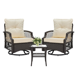English Elm 3-piece Outdoor Wicker Bistro Set with Swivel Glider Chairs and Shelved Side Table Beige T3623P505193