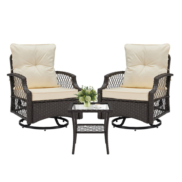 English Elm 3-piece Outdoor Wicker Bistro Set with Swivel Glider Chairs and Shelved Side Table Beige T3623P505193
